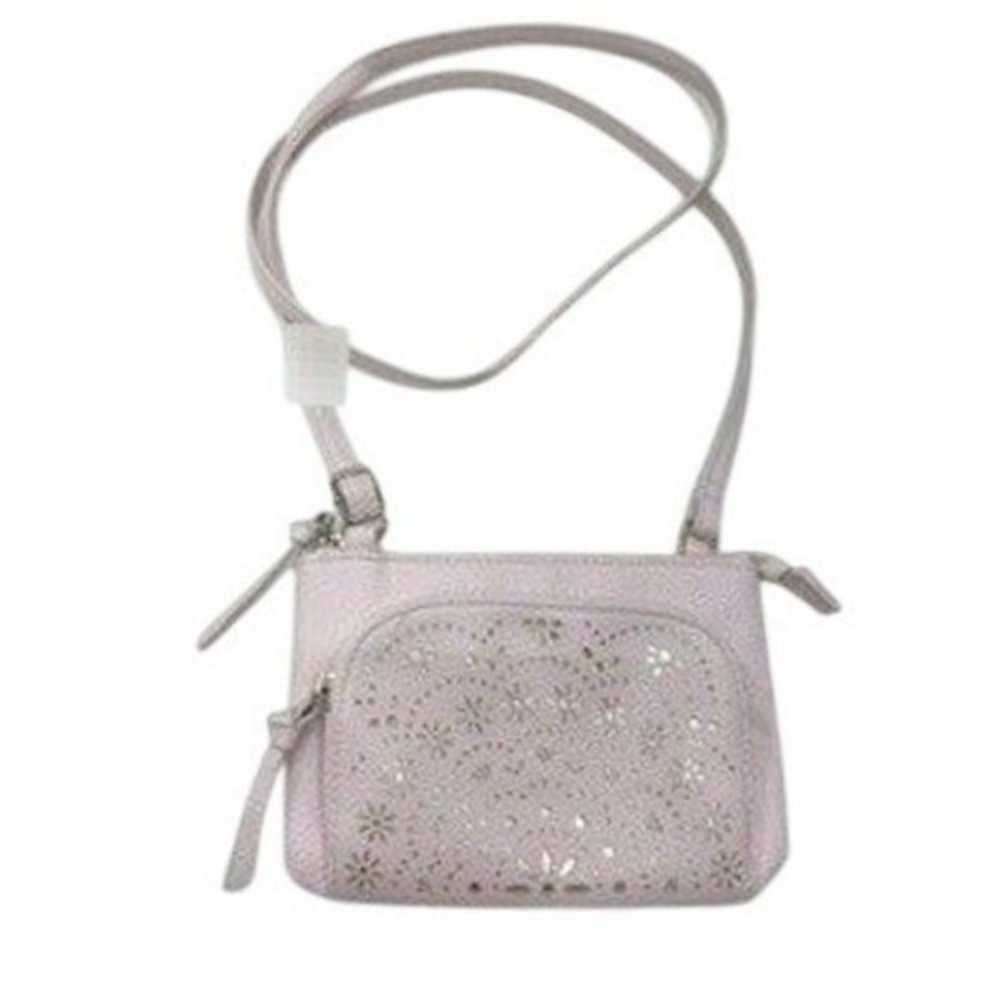 Claire's Light Pink Floral Laser Cut Faux Leather Crossbody Bag Gold Accents